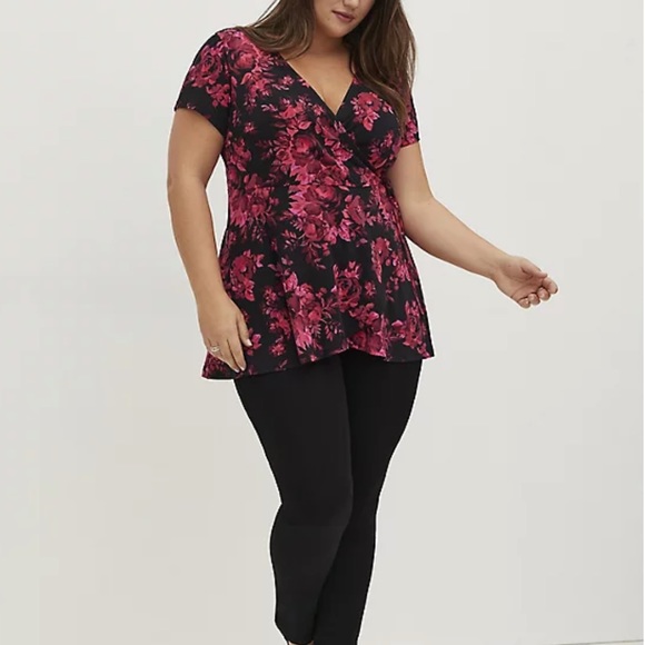 torrid Tops - Studio Knit Floral Knit Black Surplice Top